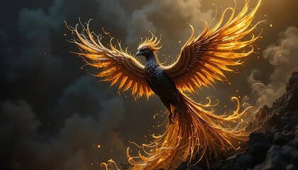 A majestic phoenix, with resplendent golden and fiery wings, soars against a dramatic, cloudy sky, symbolizing rebirth, power, and transformation.