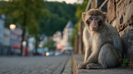 Fototapeta premium Macaque Monkey Portrait Resting Near a Cobblestone Street in an Urban Setting