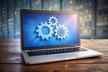 A laptop displaying three blue gears on its screen, set against a blurred background of modern buildings, symbolizing technology, settings, and operational processes.