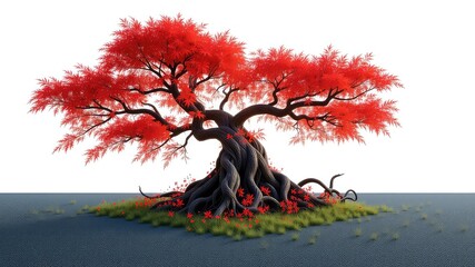 A majestic solitary tree with vibrant red foliage, showcasing the beauty and symbolism of life, growth, and autumnal splendor