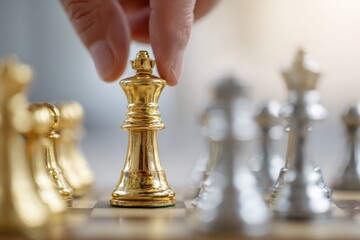 Hand moving golden chess king on board game to attack or win against silver pieces, representing business competition concept