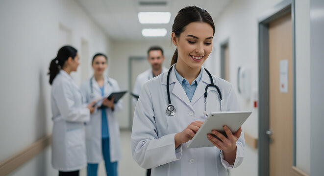 Young female docter read medical report on his tablet at hospita coridor