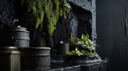 Obraz premium Dark, moody interior design with foliage and containers.