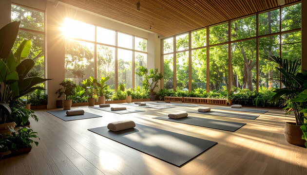 Sunlit yoga studio with hardwood floors, large windows showcasing lush greenery, and neatly arranged mats and towels