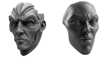 Monochromatic Pair of Sculptural Faces Showcasing Distortion and Intensity