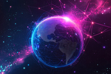 Obraz premium Metaverse digital world cyber space background, neon colorful global world in cyber space, future energy power technology and internet connection concept 