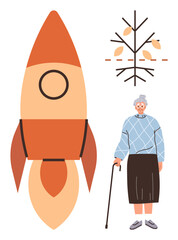 Elderly woman in a sweater and skirt holding a cane, with a rocket and autumn tree. Ideal for aging, growth, transformation, life stages, progress, ambition, and reflection in simple flat metaphor