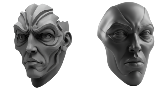 Monochromatic Pair of Sculptural Faces Showcasing Distortion and Intensity
