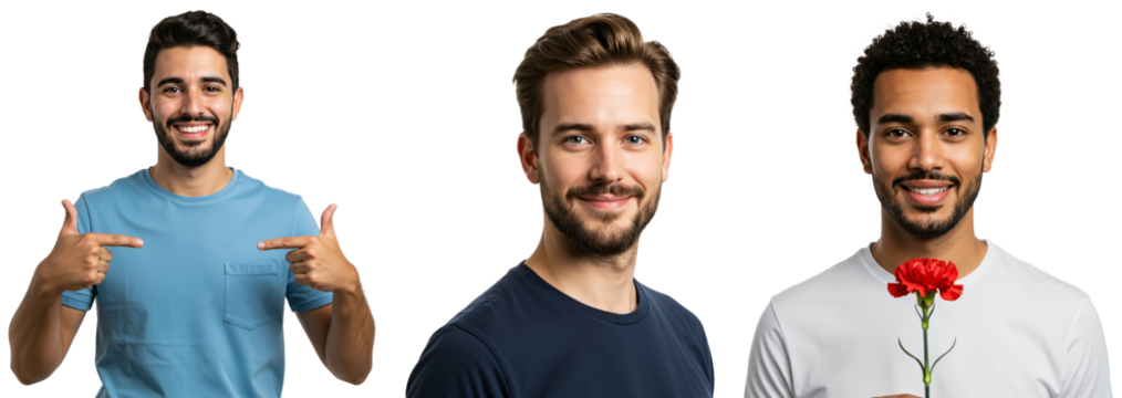 Portraits of Three Young Men in Casual Shirts Expressing Joy and Friendship with Accessories