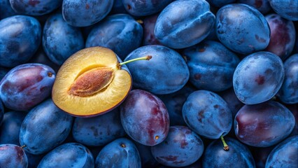 Blue plums background. Suitable for marketing or business purposes. Panoramic banner with place for text