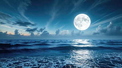 Celestial Illumination The silvery moonlight dances on gentle ocean waves under a star-studded night sky with scattered clouds