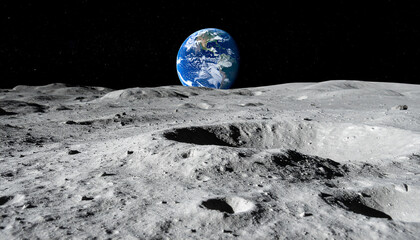 Earth rising above a lunar landscape.  Vast, gray lunar surface with craters.  Blue marble Earth visible in the distance