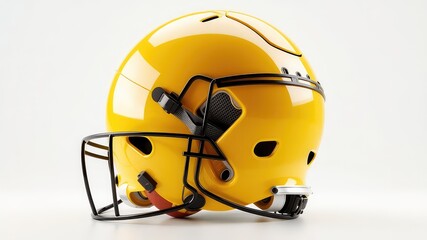 Vibrant Yellow Sports Helmet with Black Face Mask and Secure Straps for Game Day Protection on a Clean Background
