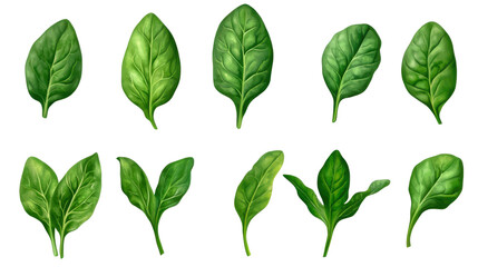 Set of nutritional benefits of fresh spinach leaves featuring healthy green super food with rich vitamins minerals and antioxidants isolated on white background