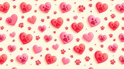 Seamless repeat pattern featuring pink hearts with paw prints and simple hearts, creating a whimsical and loving design