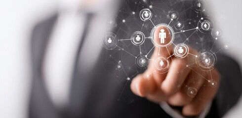 Businessman touching digital social network connection structure, close up shot of businessman's hand pointing finger at icon circle graph chart