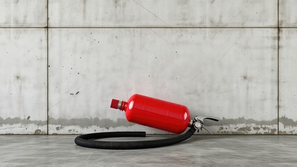 Red cylinder safety equipment laying on floor, suggesting emergency preparedness with a gray wall background.