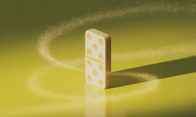 Domino standing on a yellow surface with sparkling trails