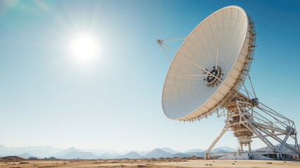 Giant parabolic antenna reaches toward the clear sky, listening for signals from the distant universe on a bright day