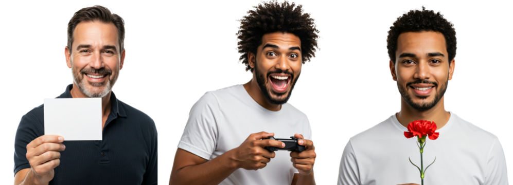 Three Diverse Black Men Engaging in Various Activities Including Smiling, Playing Games, and Holding a Flower