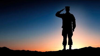 Silhouette of a soldier saluting at sunrise.