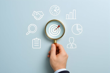 Business target focus with magnifying glass and icons