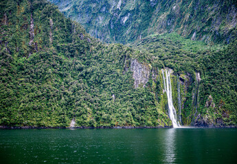 Milford sound fiordland new zealand national park beautiful landscape nature fiords low cloud fog...