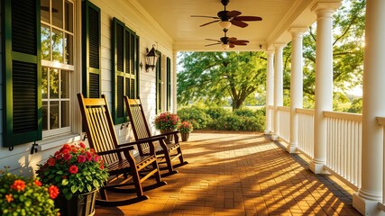Inviting porch with rocking chairs bathed in warm sunlight, offering a serene view of lush greenery and a place to relax