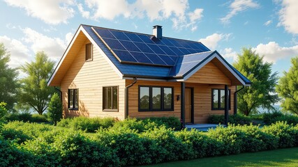 Sustainable living in a cozy wooden home with energy saving solar panels on a sunny day surrounded by lush greenery