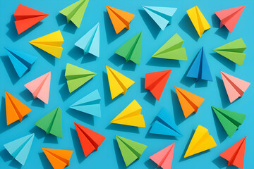 Colorful paper airplanes on a vibrant blue background