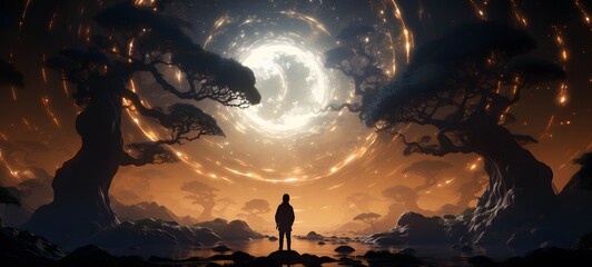 pop surreal unreal silhouettes spiral towards banyan god, ai generatif