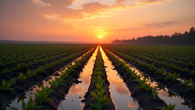 sunset in the field, sunrise over the field ,sunset over the field, Sunset aftermath empty field with perfect grid of	