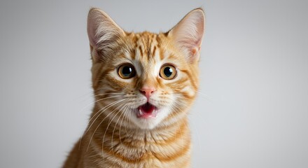 Obraz premium Surprised Orange Tabby Kitten with Wide Eyes and Open Mouth Fur Textured Stripes on a Soft White to Grey Gradient Background
