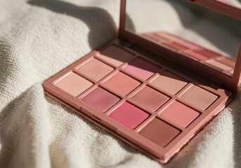 Opened eyeshadow palette with pink, beige, and neutral shades resting on soft fabric, creating a luxurious, stylish scene perfect for beauty and makeup promotions.