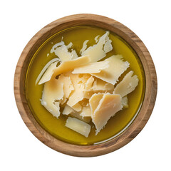 Parmesan cheese shavings in extra virgin olive oil, top view in wooden bowl, isolated on transparent or white background, great for Italian cuisine, recipe visuals, or food product mockups