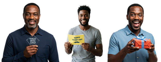 Excited Middle-Aged Black Man Holding Gifts and Signs in Studio Setting