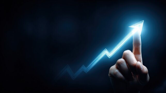 Hand touching a growing arrow symbolizing business growth, success, positive progress and development