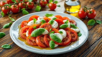 Plate of sliced red tomatoes and white cheese balls with basil leaves on a dark wooden surface provides a colorful and appealing view