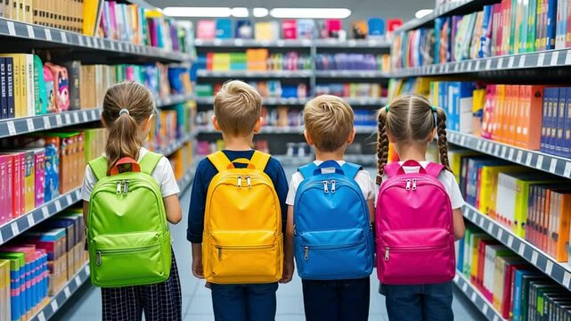 Four children stand in a bookstore aisle. They have colorful backpacks: green, yellow, blue, and pink. The children are focused on the shelves filled with books.