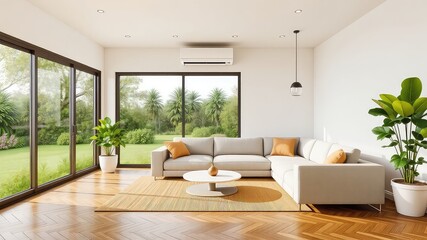Sunlight streams into a pristine living room, offering a view of lush greenery and providing a sense of comfortable elegance