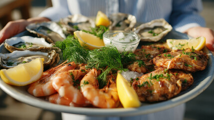 Seafood platter with oysters, shrimp, and lemon wedges