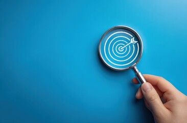 Hand holding magnifying glass focusing on target drawn on blue background, representing business vision, goal setting, and achieving success