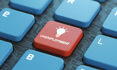 Unemployment concept on a keyboard with a lightbulb illustration