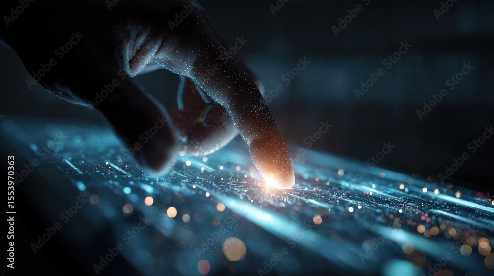 Poster Hand interacting with a futuristic digital interface, featuring glowing lights and data streams, symbolizing innovation and technological advancement