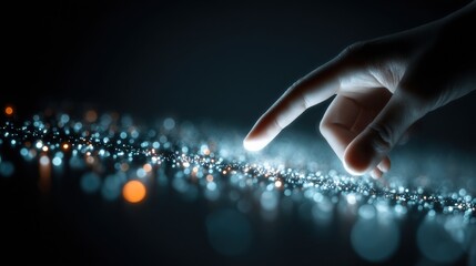 Hand touching a futuristic digital interface with glowing lights, symbolizing innovation and technological advancement
