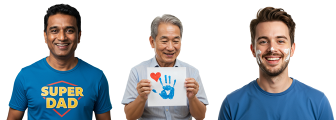 Diverse Group of Men Celebrating Fatherhood with Heartfelt Messages and Family Emblems