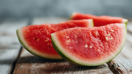 Fresh sliced watermelon on rustic wooden surface