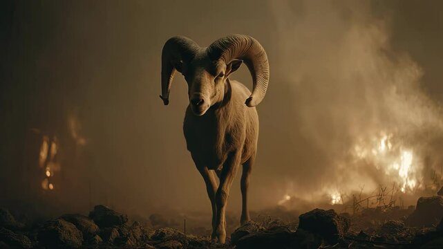 Majestic Ram Standing in Lush Green Field Under Clear Sky