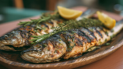 Chargrilled whole fish served with lemon slices and herbs