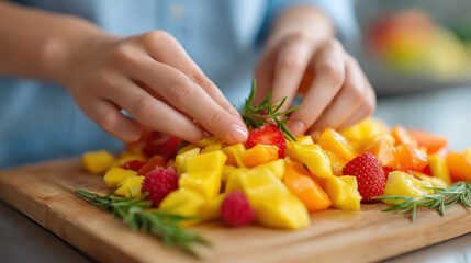 Hands preparing a tropical fruit platter with pineapple and watermelon